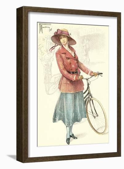 Drawing of Woman with Bicycle-null-Framed Art Print