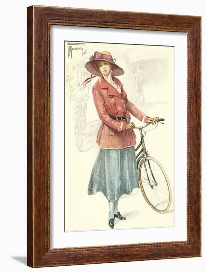 Drawing of Woman with Bicycle-null-Framed Art Print