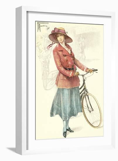 Drawing of Woman with Bicycle-null-Framed Art Print