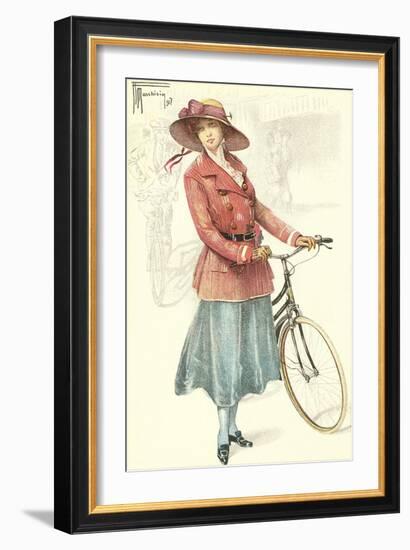 Drawing of Woman with Bicycle-null-Framed Art Print