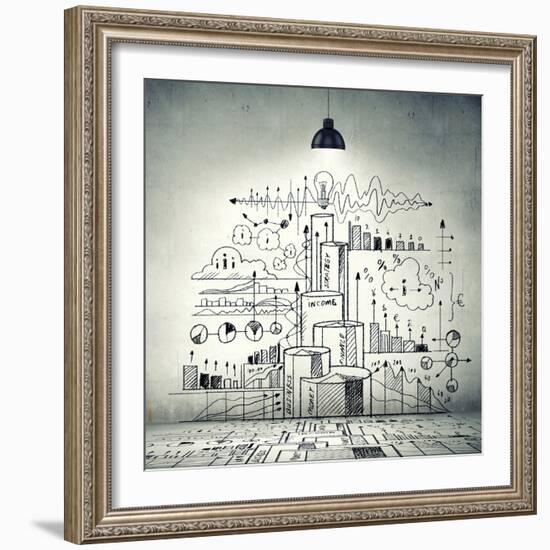 Drawn Business Plan on Wall Illuminated by Lamp-Sergey Nivens-Framed Photographic Print