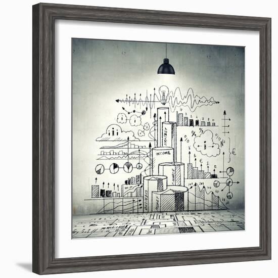 Drawn Business Plan on Wall Illuminated by Lamp-Sergey Nivens-Framed Photographic Print