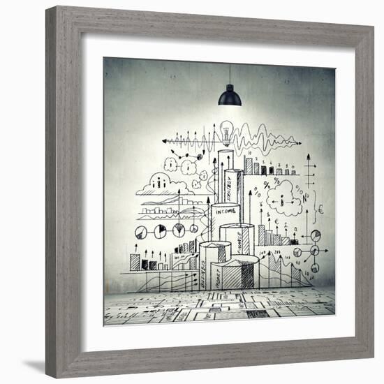 Drawn Business Plan on Wall Illuminated by Lamp-Sergey Nivens-Framed Photographic Print
