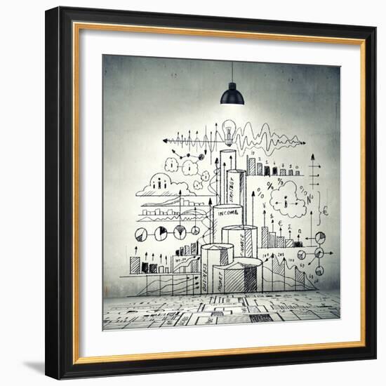 Drawn Business Plan on Wall Illuminated by Lamp-Sergey Nivens-Framed Photographic Print