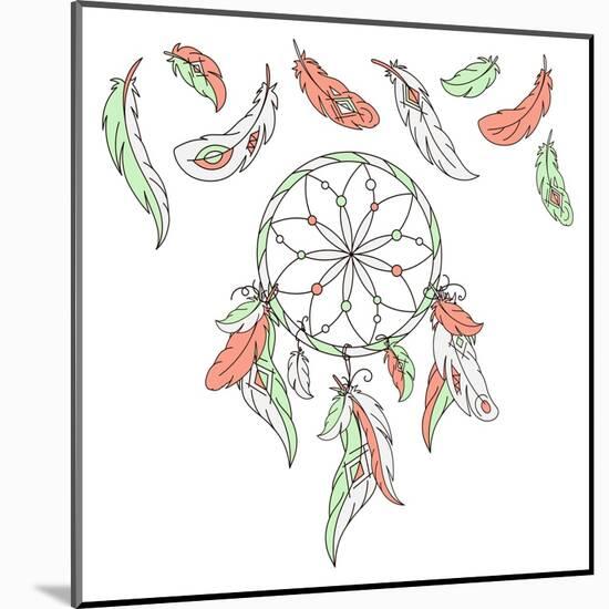 Dreamcatcher, Feathers. Vector Illustration. American Indian Dream Catcher Traditional Symbol.-LAATA9-Mounted Art Print