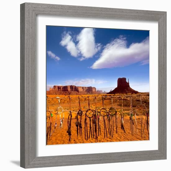 Dreamcatcher Monument West Mitten Butte Morning With Navajo Indian Crafts Utah-holbox-Framed Art Print