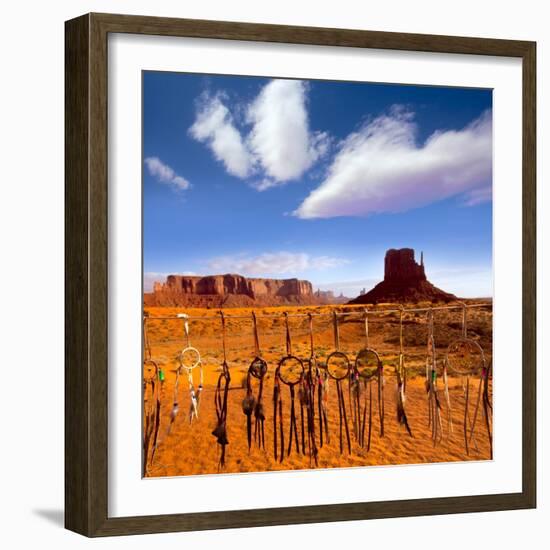 Dreamcatcher Monument West Mitten Butte Morning With Navajo Indian Crafts Utah-holbox-Framed Art Print