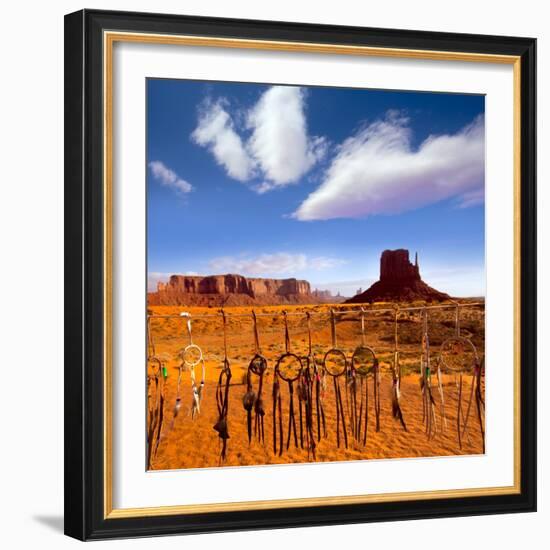 Dreamcatcher Monument West Mitten Butte Morning With Navajo Indian Crafts Utah-holbox-Framed Art Print