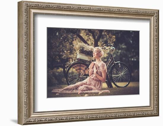 Dreaming Blond Retro Woman with a Book Sitting on a Meadow-NejroN Photo-Framed Photographic Print