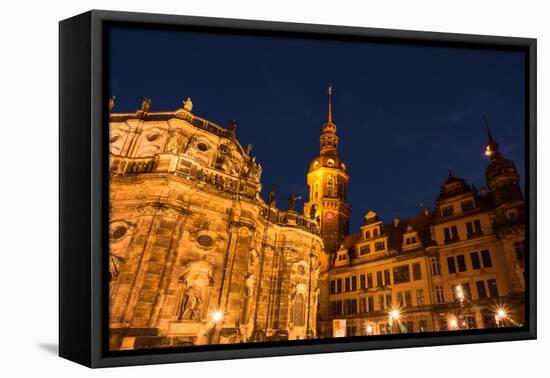 Dresden, Historical Old Town, Dresden Cathedral, Castle, Blue Hour-Catharina Lux-Framed Premier Image Canvas