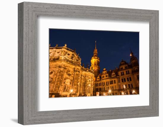 Dresden, Historical Old Town, Dresden Cathedral, Castle, Blue Hour-Catharina Lux-Framed Photographic Print