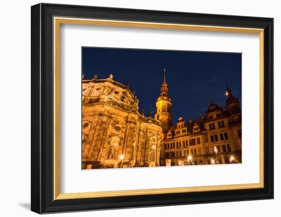 Dresden, Historical Old Town, Dresden Cathedral, Castle, Blue Hour-Catharina Lux-Framed Photographic Print