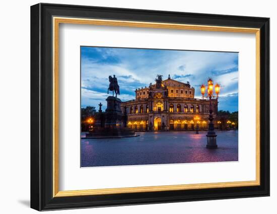 Dresden, Semperoper, King Johann Monument, Blue Hour-Catharina Lux-Framed Photographic Print