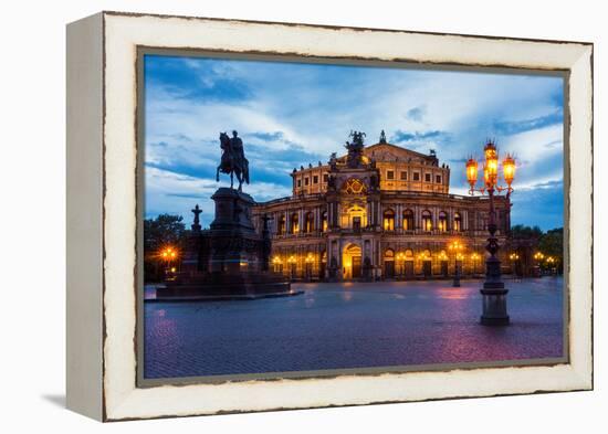 Dresden, Semperoper, King Johann Monument, Blue Hour-Catharina Lux-Framed Premier Image Canvas