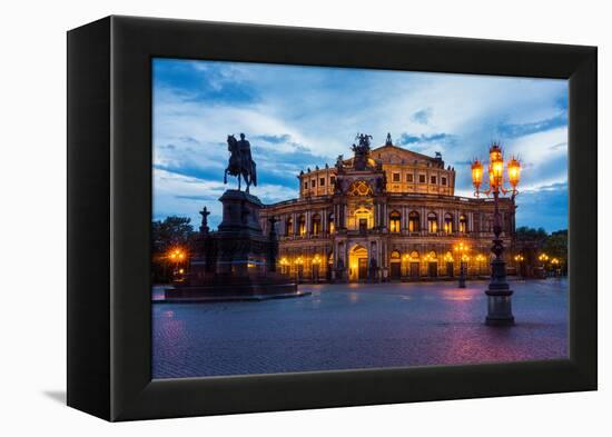 Dresden, Semperoper, King Johann Monument, Blue Hour-Catharina Lux-Framed Premier Image Canvas