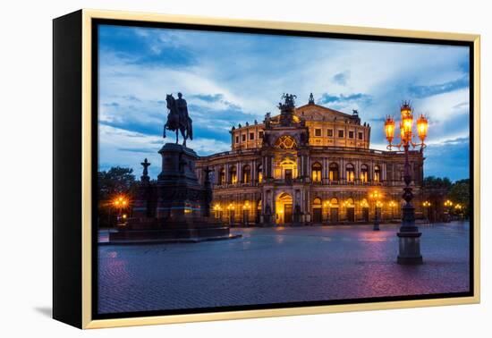 Dresden, Semperoper, King Johann Monument, Blue Hour-Catharina Lux-Framed Premier Image Canvas