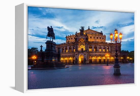 Dresden, Semperoper, King Johann Monument, Blue Hour-Catharina Lux-Framed Premier Image Canvas