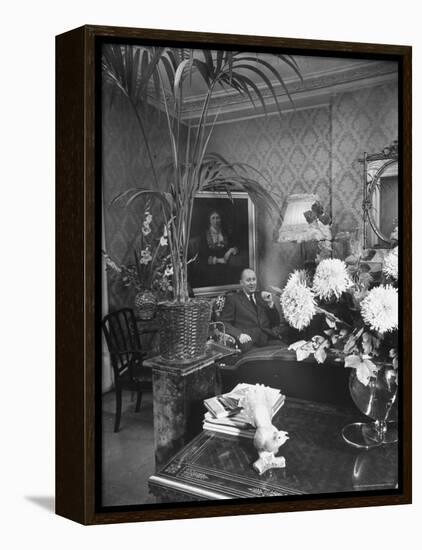 Dress Designer Christian Dior at Home in His Living Room-Frank Scherschel-Framed Premier Image Canvas