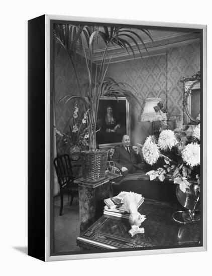 Dress Designer Christian Dior at Home in His Living Room-Frank Scherschel-Framed Premier Image Canvas