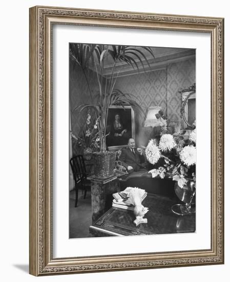 Dress Designer Christian Dior at Home in His Living Room-Frank Scherschel-Framed Premium Photographic Print