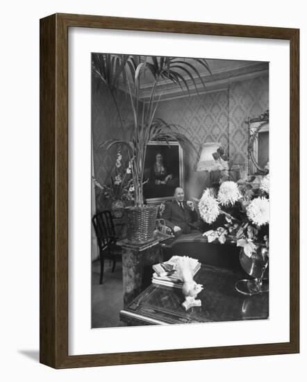Dress Designer Christian Dior at Home in His Living Room-Frank Scherschel-Framed Premium Photographic Print