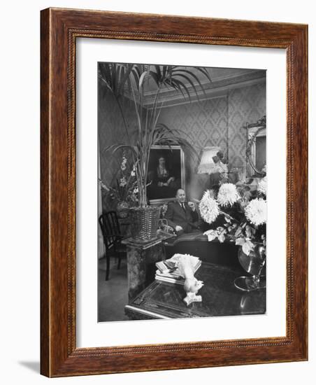 Dress Designer Christian Dior at Home in His Living Room-Frank Scherschel-Framed Premium Photographic Print