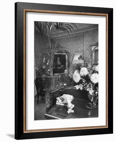 Dress Designer Christian Dior at Home in His Living Room-Frank Scherschel-Framed Premium Photographic Print