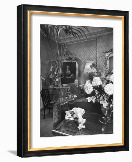 Dress Designer Christian Dior at Home in His Living Room-Frank Scherschel-Framed Premium Photographic Print