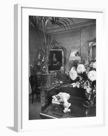 Dress Designer Christian Dior at Home in His Living Room-Frank Scherschel-Framed Premium Photographic Print