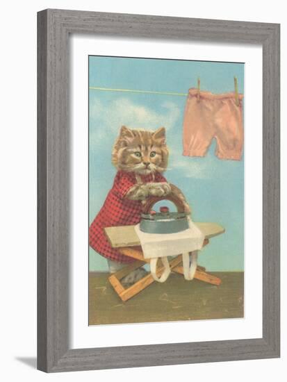 Dressed Kitten Ironing Clothes-null-Framed Art Print