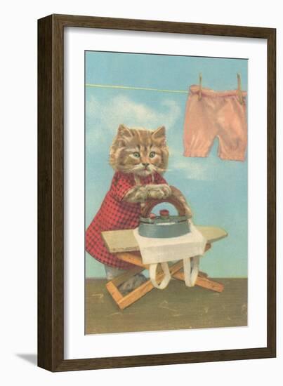 Dressed Kitten Ironing Clothes-null-Framed Art Print