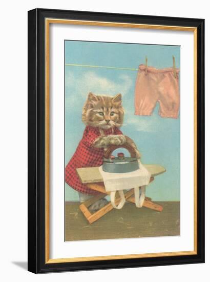 Dressed Kitten Ironing Clothes-null-Framed Art Print