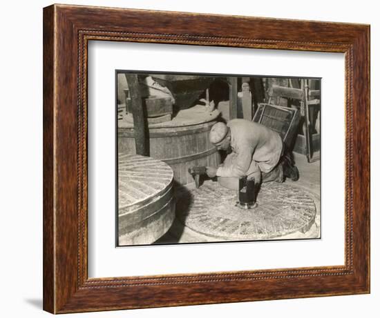 Dressing a Millstone at a Water Mill at Ewell Surrey-null-Framed Art Print