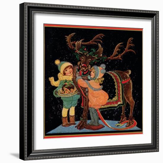 Dressing the Reindeer - Child Life, December 1925-Hazel Frazee-Framed Giclee Print