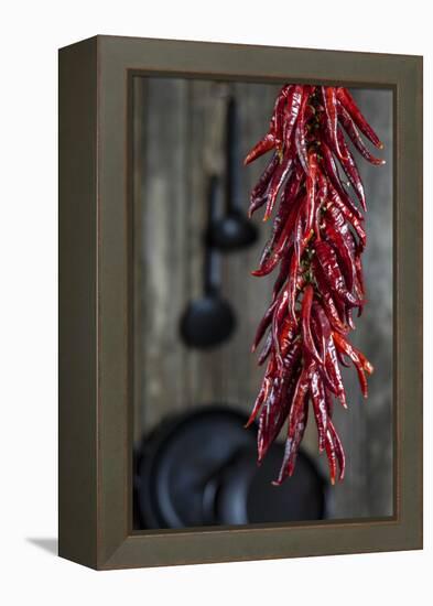 Dried Chillipods Hang Infront of Wooden Wall with Culinary Utensils-Jana Ihle-Framed Premier Image Canvas