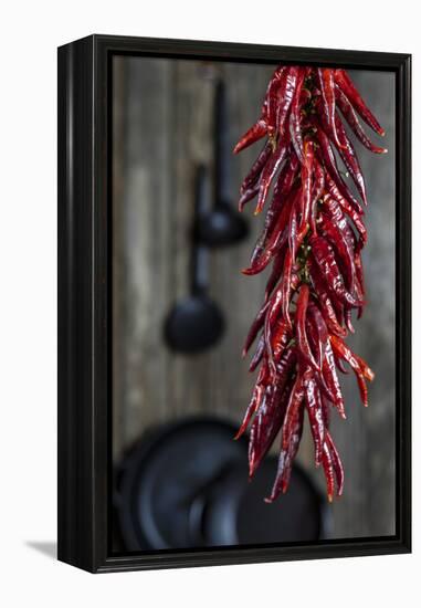 Dried Chillipods Hang Infront of Wooden Wall with Culinary Utensils-Jana Ihle-Framed Premier Image Canvas