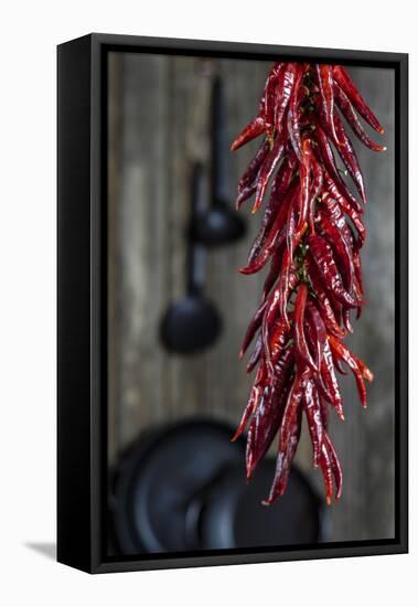 Dried Chillipods Hang Infront of Wooden Wall with Culinary Utensils-Jana Ihle-Framed Premier Image Canvas