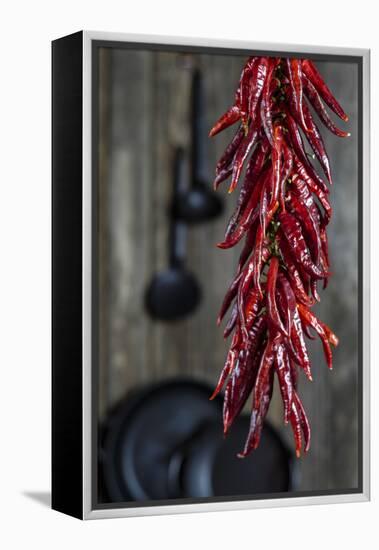 Dried Chillipods Hang Infront of Wooden Wall with Culinary Utensils-Jana Ihle-Framed Premier Image Canvas