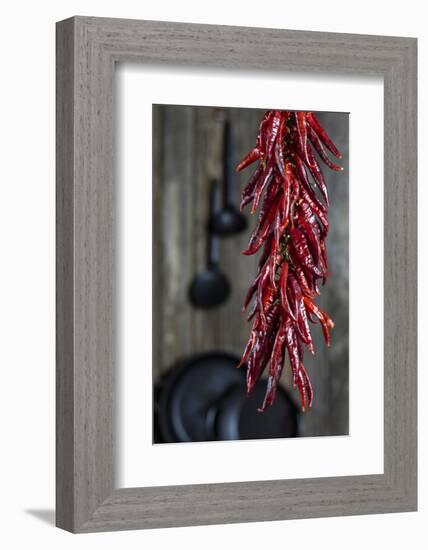 Dried Chillipods Hang Infront of Wooden Wall with Culinary Utensils-Jana Ihle-Framed Photographic Print