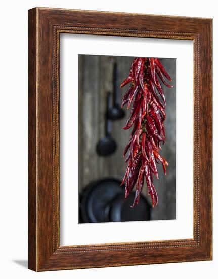 Dried Chillipods Hang Infront of Wooden Wall with Culinary Utensils-Jana Ihle-Framed Photographic Print