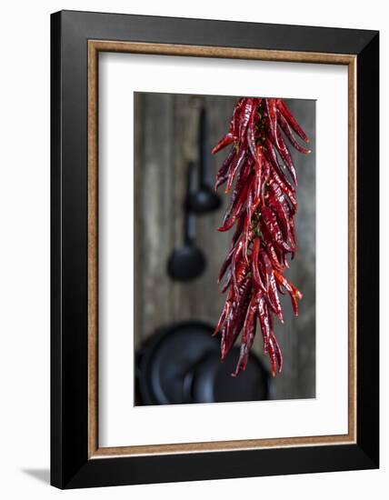 Dried Chillipods Hang Infront of Wooden Wall with Culinary Utensils-Jana Ihle-Framed Photographic Print