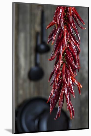 Dried Chillipods Hang Infront of Wooden Wall with Culinary Utensils-Jana Ihle-Mounted Photographic Print