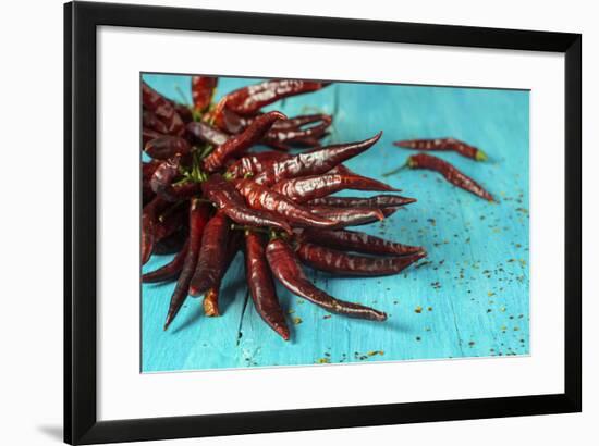 Dried Chillipods on Turquoise Wood-Jana Ihle-Framed Photographic Print