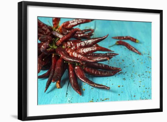 Dried Chillipods on Turquoise Wood-Jana Ihle-Framed Photographic Print