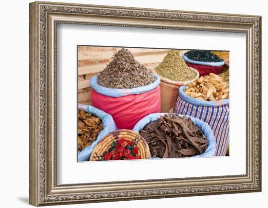 Dried Flowers and Herbs at a Spice Market, Rahba Kedima in Marrakech-Peter Adams-Framed Photographic Print
