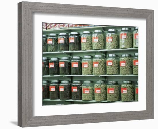 Dried Scallops in Jars, Dried Seafood Shop, Des Voeux Road West, Hong Kong Island, Hong Kong, China-Amanda Hall-Framed Photographic Print