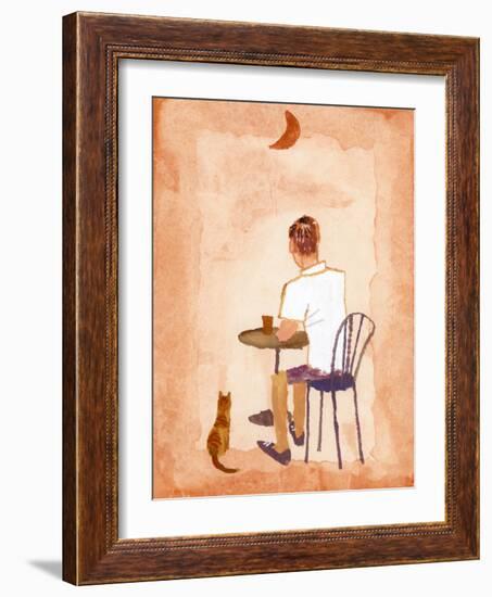 Drink Coffee at the Cafe While Watching the Moon, 2016 (Gouache on Paper and Adobe Photoshop)-Hiroyuki Izutsu-Framed Giclee Print