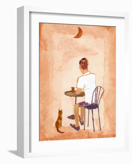 Drink Coffee at the Cafe While Watching the Moon, 2016 (Gouache on Paper and Adobe Photoshop)-Hiroyuki Izutsu-Framed Giclee Print