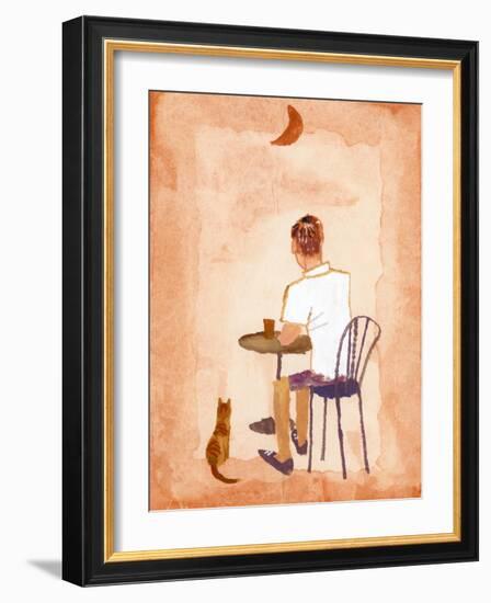 Drink Coffee at the Cafe While Watching the Moon, 2016 (Gouache on Paper and Adobe Photoshop)-Hiroyuki Izutsu-Framed Giclee Print