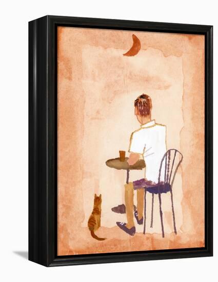 Drink Coffee at the Cafe While Watching the Moon, 2016 (Gouache on Paper and Adobe Photoshop)-Hiroyuki Izutsu-Framed Premier Image Canvas